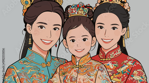 Portrait of Three Women and a Girl in Traditional Chinese Attire