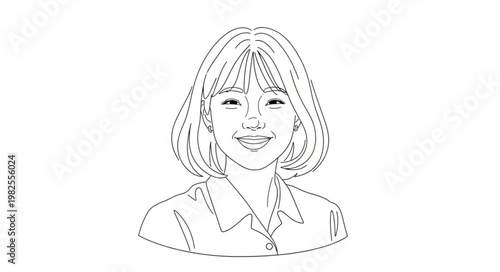 Smiling woman portrait sketch, simple line art, front view, short hair.