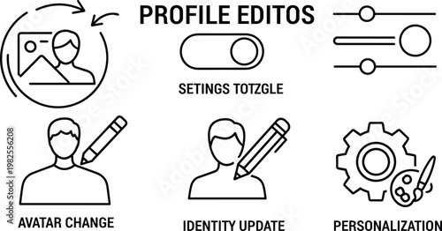 Profile Edit Settings Icons Avatar Change Identity Update Personalization UI Outline Vector Illustration Set