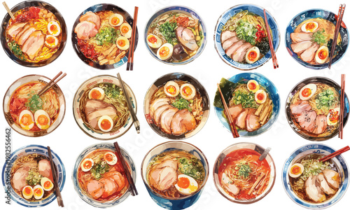 Watercolor Japanese Ramen Noodle Bowls Clipart
