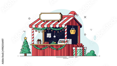 Festive red and white striped Christmas market stall decorated with green garlands and lights under a snowy sky with gifts and a tree.