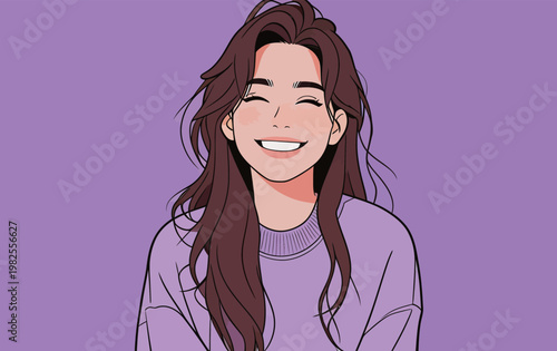 Smiling Woman with Long Brown Hair in Purple Sweater