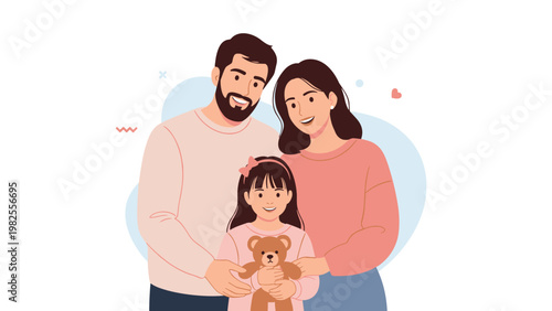 Joyful family portrait featuring a smiling father, mother, and their young daughter holding a brown teddy bear on a simple background.