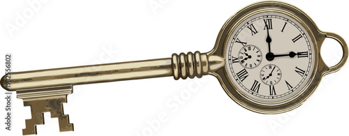 Golden Antique Key with Clock Face Vintage Time Concept Skeleton Key Luxury Retro Vector Illustration