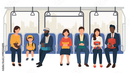 Diverse group of passengers sitting in a city bus or train carriage with urban buildings visible through the large glass windows.