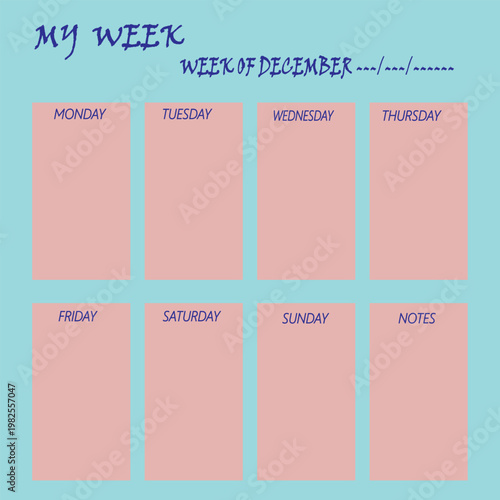 Weekly planner template with pastel pink daily blocks and light blue background for schedule organization and notes during December