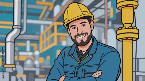 Male Worker in Industrial Setting with Yellow Hard Hat