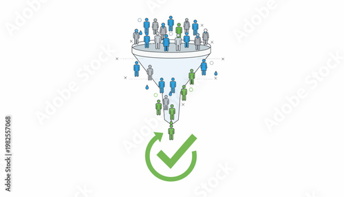 Sales funnel illustration with people figures going through stages with a confirmation icon
