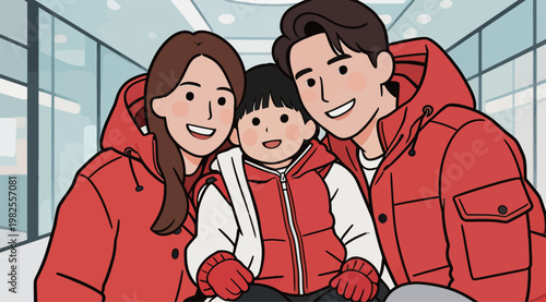 Happy Family Wearing Red Winter Jackets Together