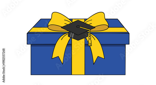 Graduation Gift Box with Cap and Bow Illustration.