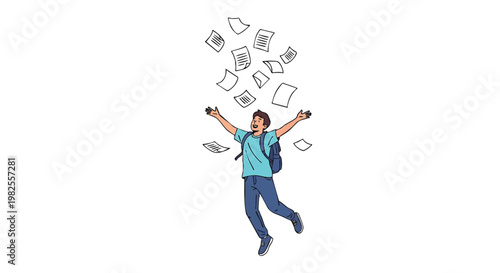 Happy student jumping with papers flying in the air, celebrating academic success.