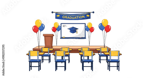 Graduation Ceremony Stage Setup with Chairs and Decorations.