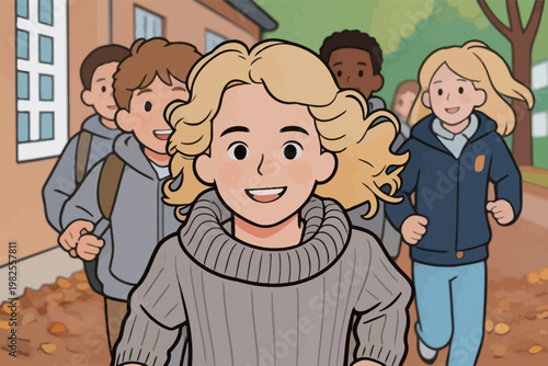 Group of Children Running to School