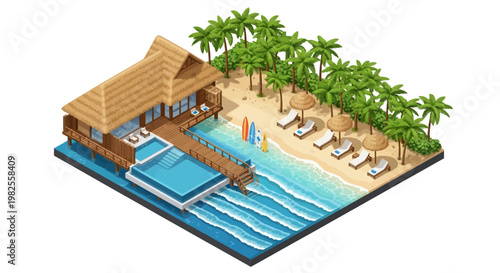 Isometric illustration shows a tropical beach resort with palm trees, lounge chairs, and surfboards, featuring a villa with a private pool extending into the ocean, rendered in a bright