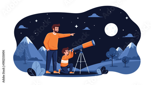 Loving father and his young son using a telescope to observe the large full moon in a starry night sky near mountains and trees.