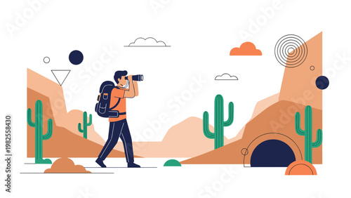 Adventurous man with a large backpack exploring a desert landscape and looking through binoculars towards distant mountains.