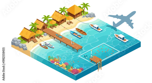 Isometric illustration depicts a tropical resort with thatched-roof bungalows, a wooden pier extending into turquoise water, and boats, rendered in a bright, cartoon style against a clean