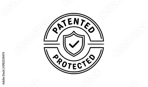 Patented Protected badge icon with shield checkmark modern black line circular emblem flat vector isolated