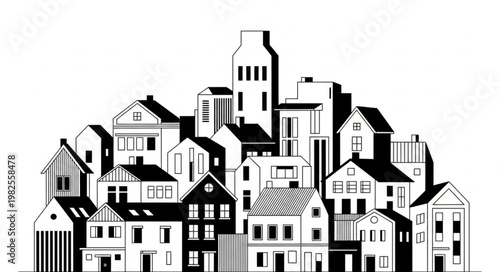 Stylized Black and White Illustration of a Dense Cityscape.
