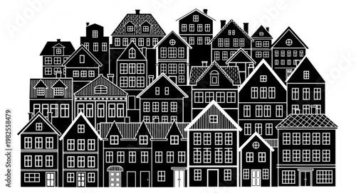 Stylized Black and White Illustration of a Dense European Cityscape with Diverse Architecture.