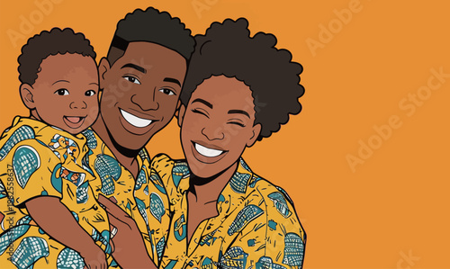 Illustration of a happy African family in matching outfits