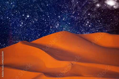 beautiful night sky with stars and moon, desert, moon and stars, dunes, sahara. morocco