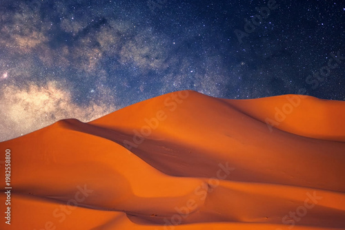 beautiful night sky with stars and moon, desert, moon and stars, dunes, sahara. morocco