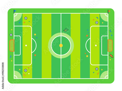Playful modern flat 2D vector illustration: aerial soccer field with goals, balls, whistle, confetti for game day.