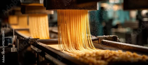 Obraz  z motywem Industrial manufacturing of fresh long pasta noodles on a conveyor belt