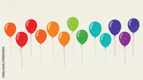 Row of vibrant colorful balloons in a rainbow spectrum floating against a light background for party celebrations.