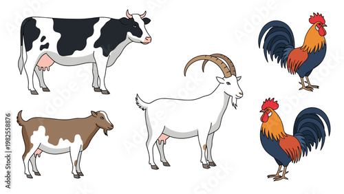 Set of farm animal illustrations including a cow, goats, and roosters in a clean vector style for agricultural themes.