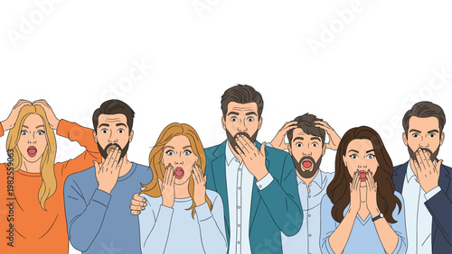 Diverse group of people with shocked facial expressions covering their mouths with their hands in total amazement.