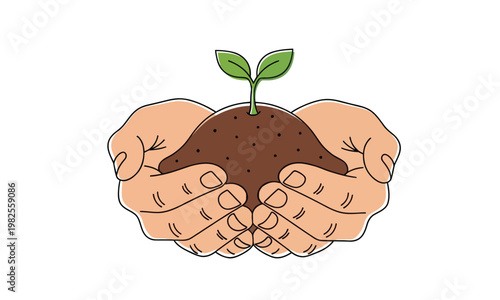 Hands cradling soil with a young plant sprout symbolizing growth, nurturing, and new beginnings