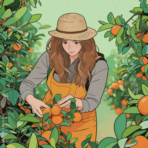 Woman Harvesting Oranges in Citrus Orchard