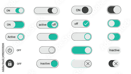 Collection of various user interface toggle switches in active and inactive states for mobile app and web design.