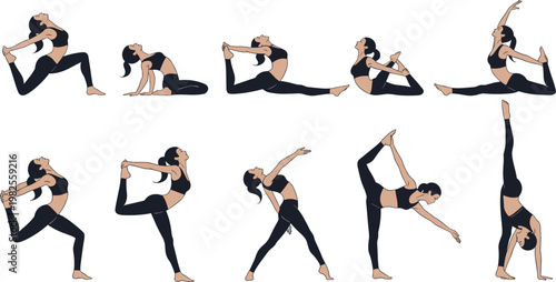 Yoga Poses Collection Female Fitness Stretching Balance Exercises Healthy Lifestyle Vector Illustration Set