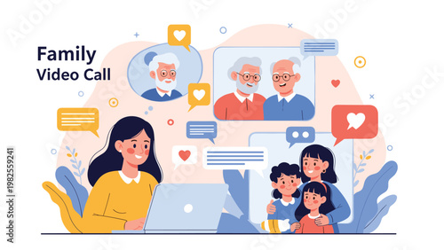 Happy young woman having a family video call with her grandparents and relatives through her laptop with chat bubbles.