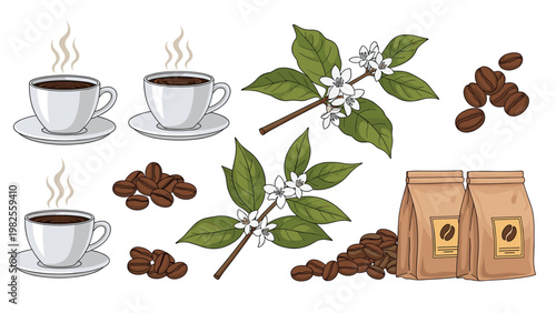 Collection of coffee elements including steaming cups, roasted beans, flowering branches, and paper bags for cafe design.