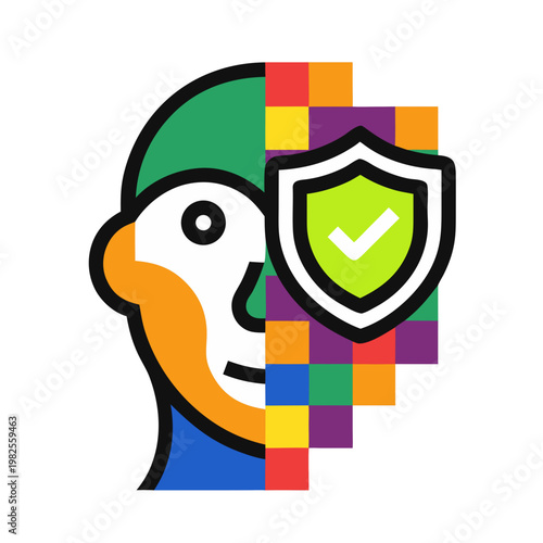 AI Deepfake Detection Vector Icon Pixelated Human Face with Secure Shield for Cybersecurity