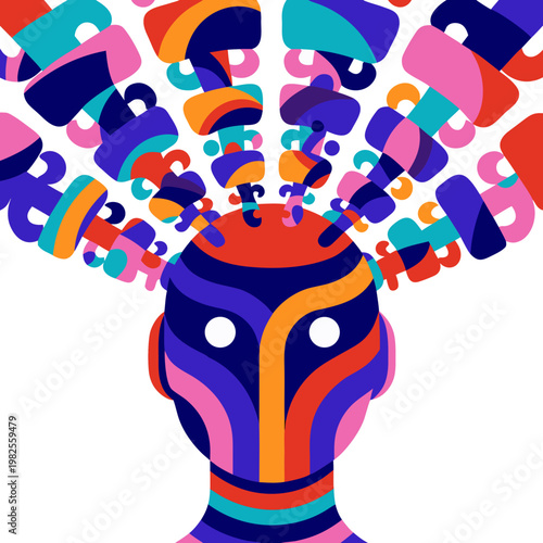 AI Hallucination Vector Icon Robot Head Generating Distorted Puzzle Pieces for Artificial Intelligence