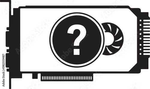 Graphics card with question mark and fan, representing unknown technology or hardware problem, computer component with mysterious element, gaming pc part symbol.