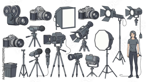 Professional film and photography equipment set including cameras, microphones, and studio lights with an operator.