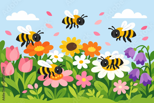 Vibrant vector illustration of cute cartoon bees pollinating a colorful spring flower garden with daisies, tulips, and sunflowers in a meadow under a blue sky, perfect for nature and education.