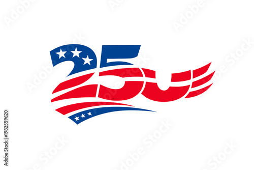 United States 250th Anniversary Logo for the 2026 Semiquincentennial Celebration, Patriotic Number 250 with American Flag Stars and Stripes Design, 250 Years of Freedom Commemorative Graphic.