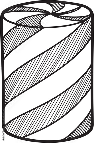 Hand drawn marshmallow cylinder sketch with diagonal stripes and hatch shading represents sweet confectionery dessert food item for culinary design and menu layout