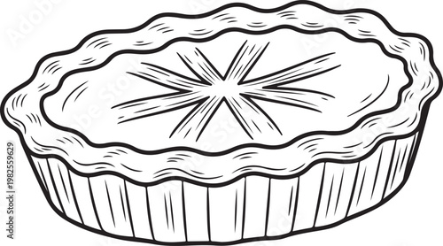 Hand drawn pie with wavy crust and starburst pattern in center, illustration of delicious homemade dessert, isolated on transparent background
