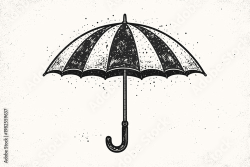 Vintage Hand Drawn Umbrella Vector with Distressed Black and White Stripes, Rustic Weathered Design with Grungy Ink Splatter Texture, Classic Retro Rain Accessory Illustration for Creative Design.