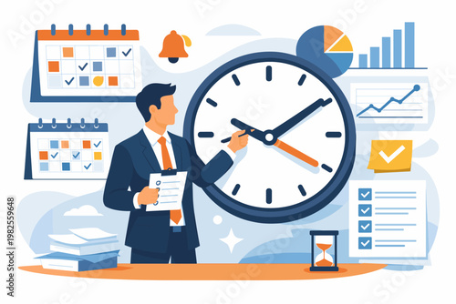 Businessman in a Professional Suit Managing Time and Schedule with a Large Clock, Calendars, Data Charts, and Checklist for Productivity, Efficiency, and Effective Project Planning Illustration