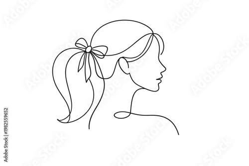 Elegant continuous line drawing of a woman's profile with a ponytail tied by a bow. Minimalist one line art illustration of a female head and shoulders, perfect for modern fashion and beauty decor.