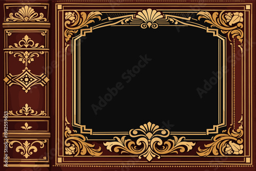 Classic Vintage Book Cover and Spine Design with Ornate Gold Art Deco Baroque Art Nouveau and Victorian Ornaments on Deep Red Leather Texture Background with Black Center Frame for Text